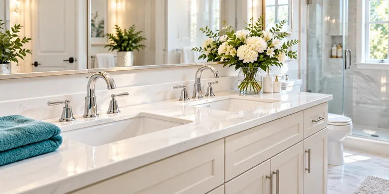 Illustrative bright bathroom with a double vanity and glass shower
