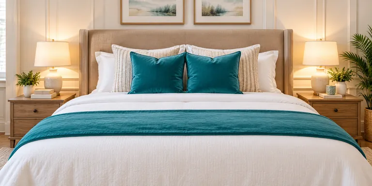 Illustrative neatly made bedroom with white linen and teal accents