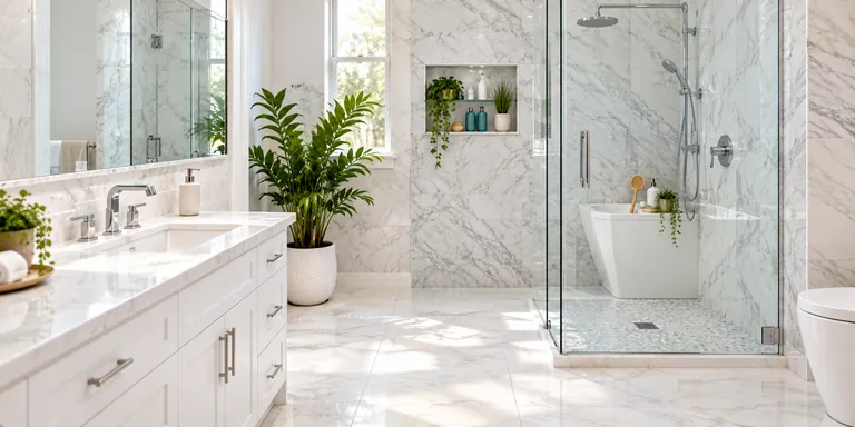 Illustrative clean marble bathroom with a glass shower
