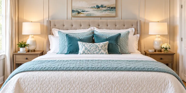 Illustrative bedroom with fresh linen and teal pillows