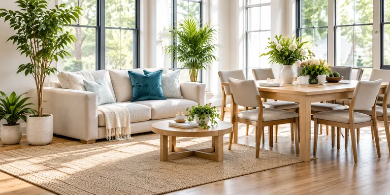 Illustrative bright common living and dining area