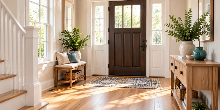 Illustrative clean entry hall with a dark wooden front door
