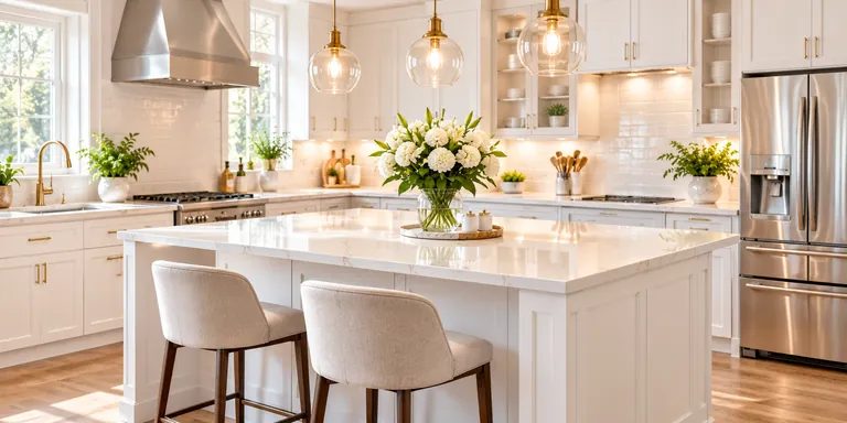 Illustrative spacious white kitchen with an island and brass pendants