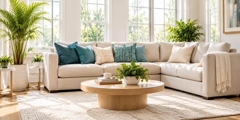 Illustrative clean living room with a cream sectional sofa