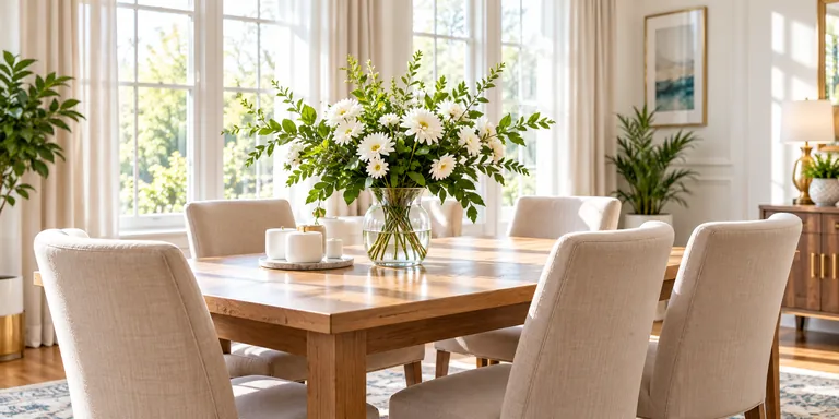 Illustrative dining room with an oak table, cream chairs and white flowers