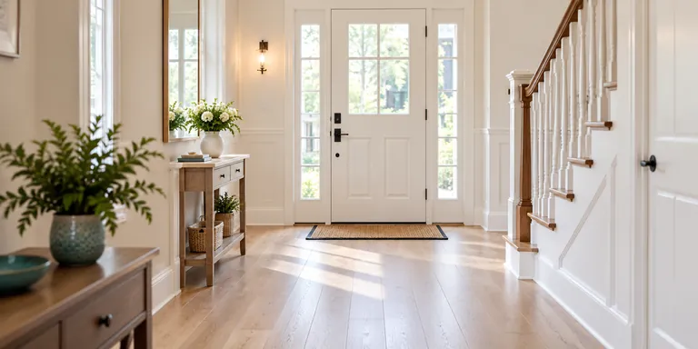 Illustrative clean home entrance with oak floors and a staircase