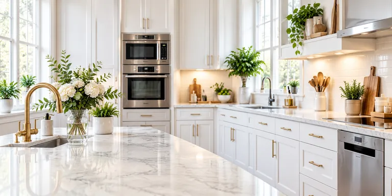 Illustrative clean white kitchen with quartz counters and brass fixtures