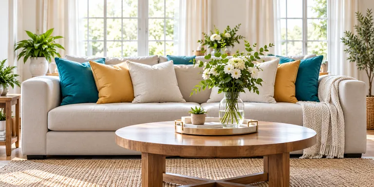 Illustrative sunlit living room with an ivory sofa and teal cushions
