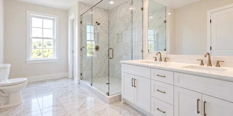 Illustrative empty clean bathroom with a glass shower and white vanity