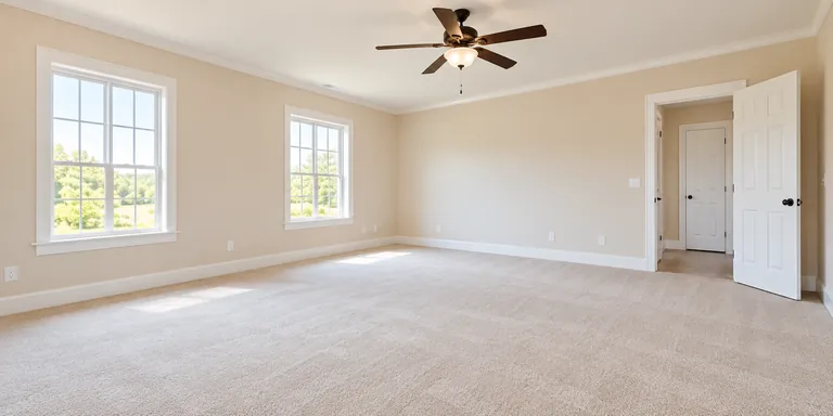 Illustrative empty clean bedroom with tall windows and an open closet