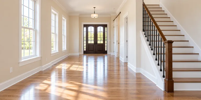 Illustrative empty entrance hall with clean floors and a white staircase