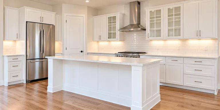 Illustrative empty clean kitchen with white cabinets and bare counters