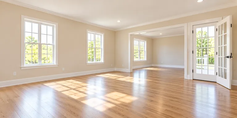 Illustrative empty living room with a bay window and clean wood floor