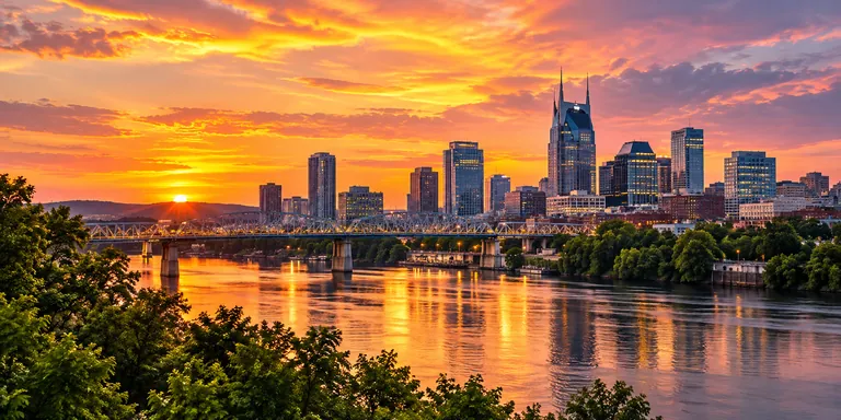 Illustrative Nashville riverfront at sunset